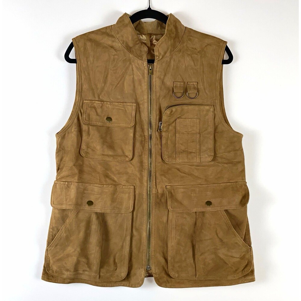 Banana Republic Men's Hunting Vest Tan Goat Suede M Full Zip Lined Multi-Pocket